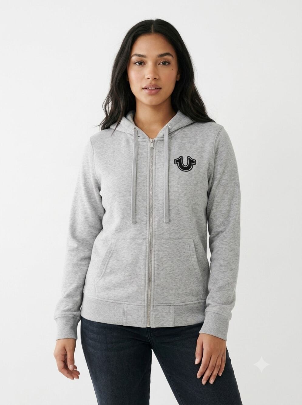 True Religion Core Zip Up Hoodie Mens M Heather Grey Soft Fleece Horseshoe Logo